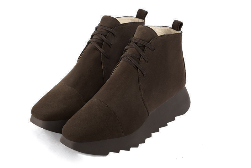 Dark brown women's ankle boots with laces at the front. Square toe. Low rubber soles. Front view - Florence KOOIJMAN